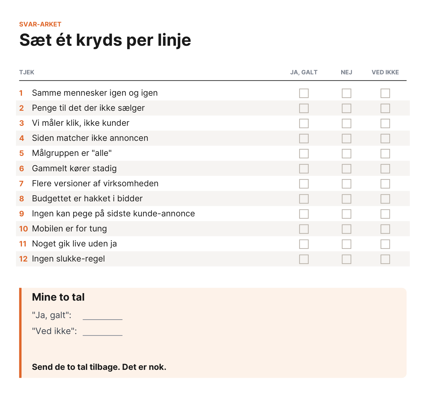 Side 11 i hæftet: svar-arket med de 12 tjek og felterne til dine to tal