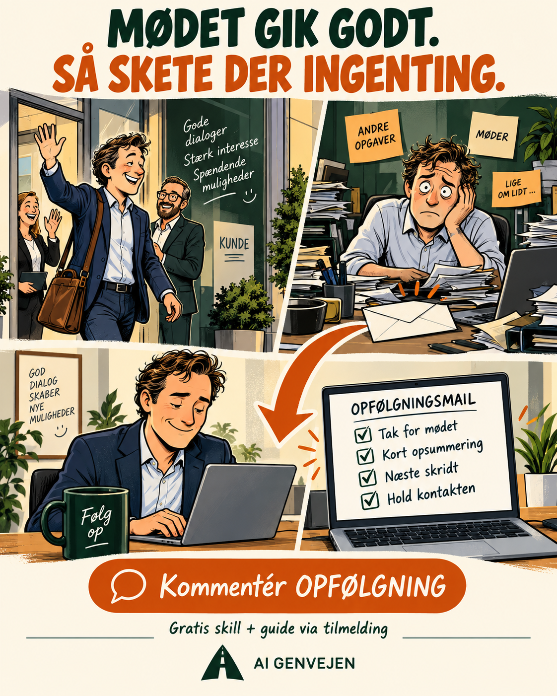OPFØLGNING: Fra mødenoter til en opfølgningsmail, der gør næste skridt tydeligt.